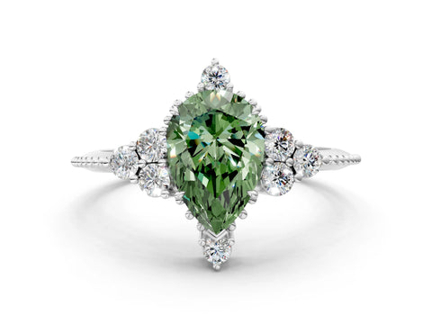 White gold Fancy Green Pear Cut Brilliant Diamond with Cluster Setting on a Beaded Band and Four-Prong Setting