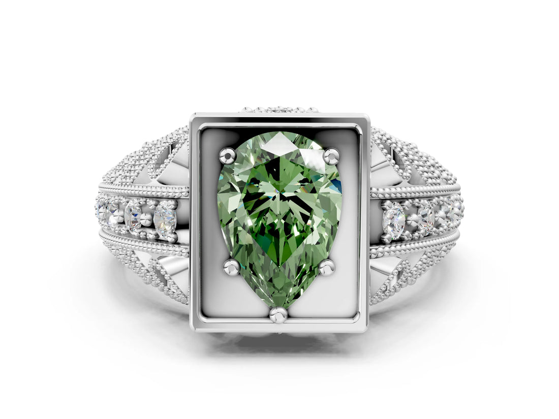White gold Fancy Green Pear Cut Brilliant Milgrain Filigree Diamond Ring with Square Prong Setting