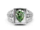 White gold Fancy Green Pear Cut Brilliant Milgrain Filigree Diamond Ring with Square Prong Setting