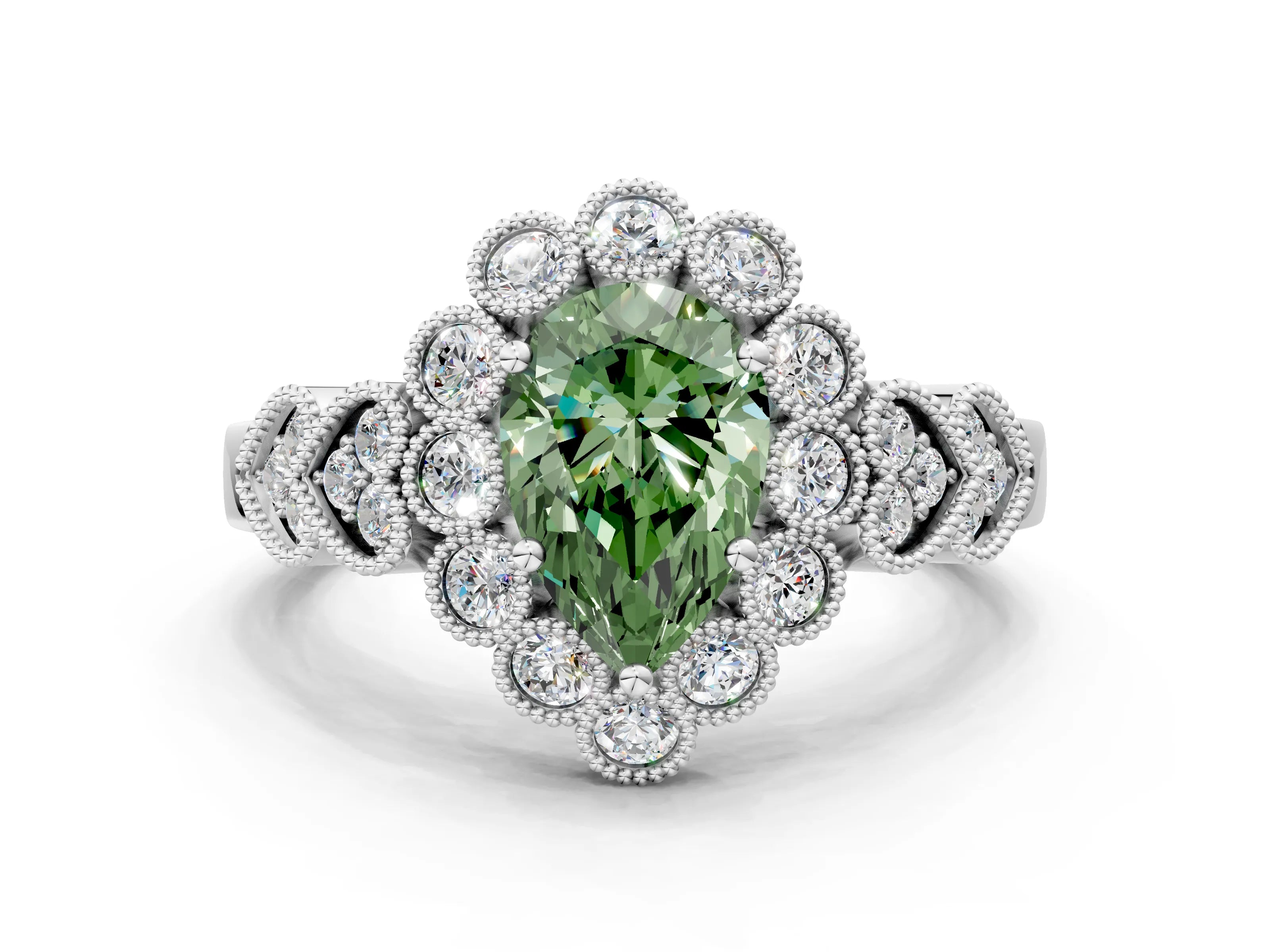 White gold Fancy Green Pear Cut Brilliant Milgrain Pave Heart Band Solitaire Ring_12