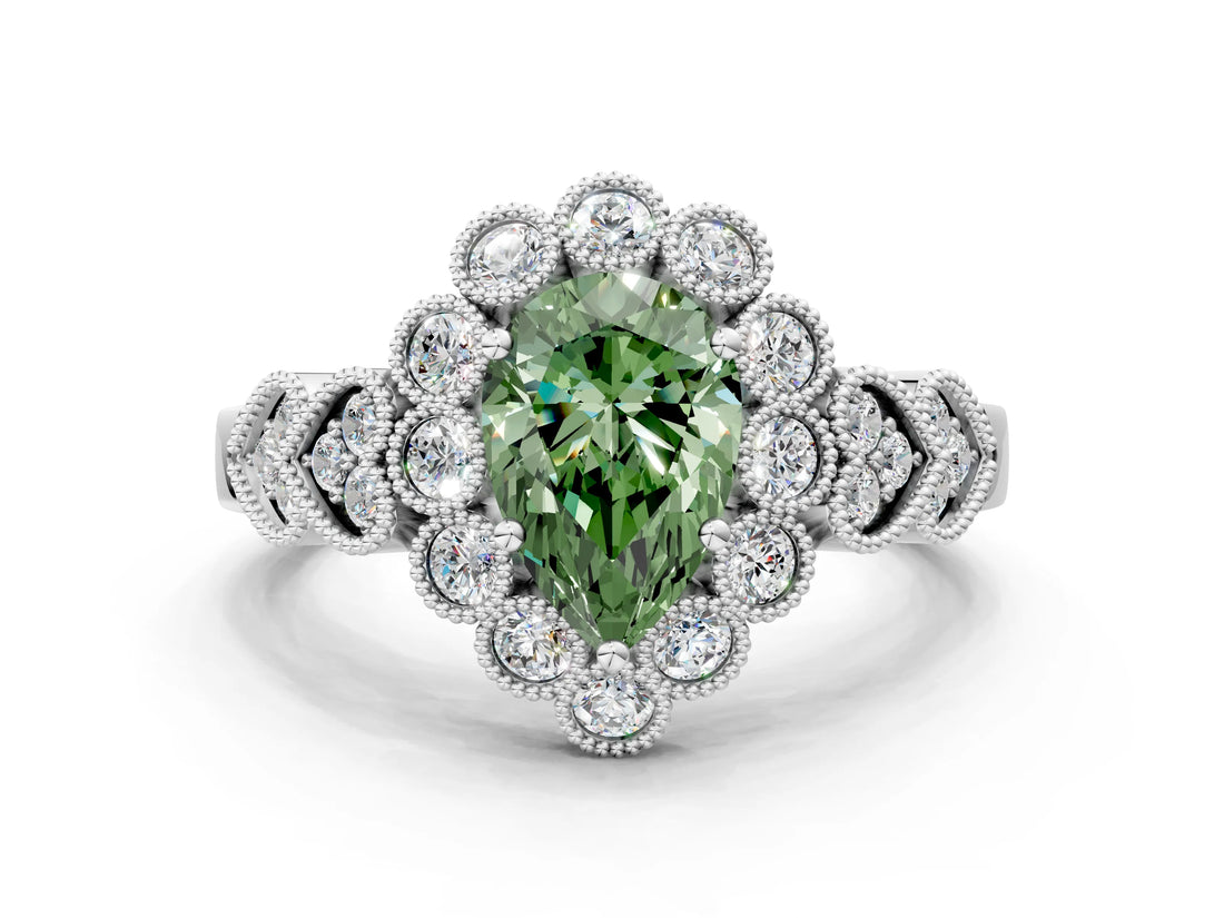 White gold Fancy Green Pear Cut Brilliant Milgrain Pave Heart Band Solitaire Ring_12