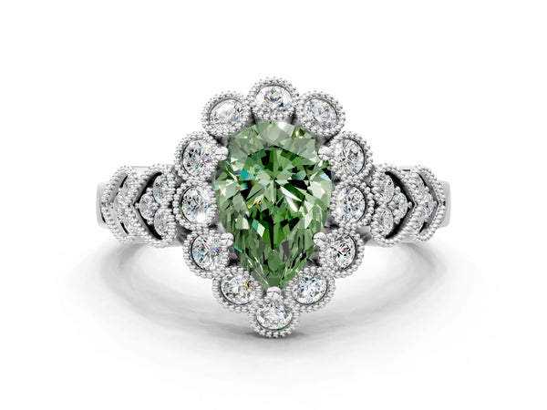 White gold Fancy Green Pear Cut Brilliant Milgrain Pave Heart Band Solitaire Ring