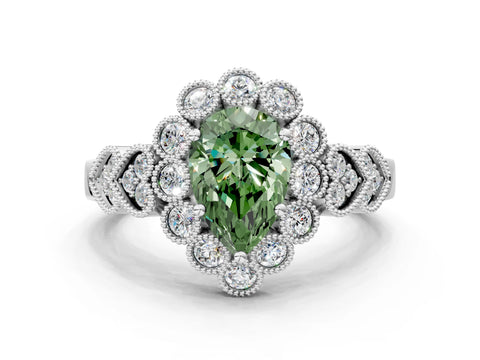 White gold Fancy Green Pear Cut Brilliant Milgrain Pave Heart Band Solitaire Ring_12