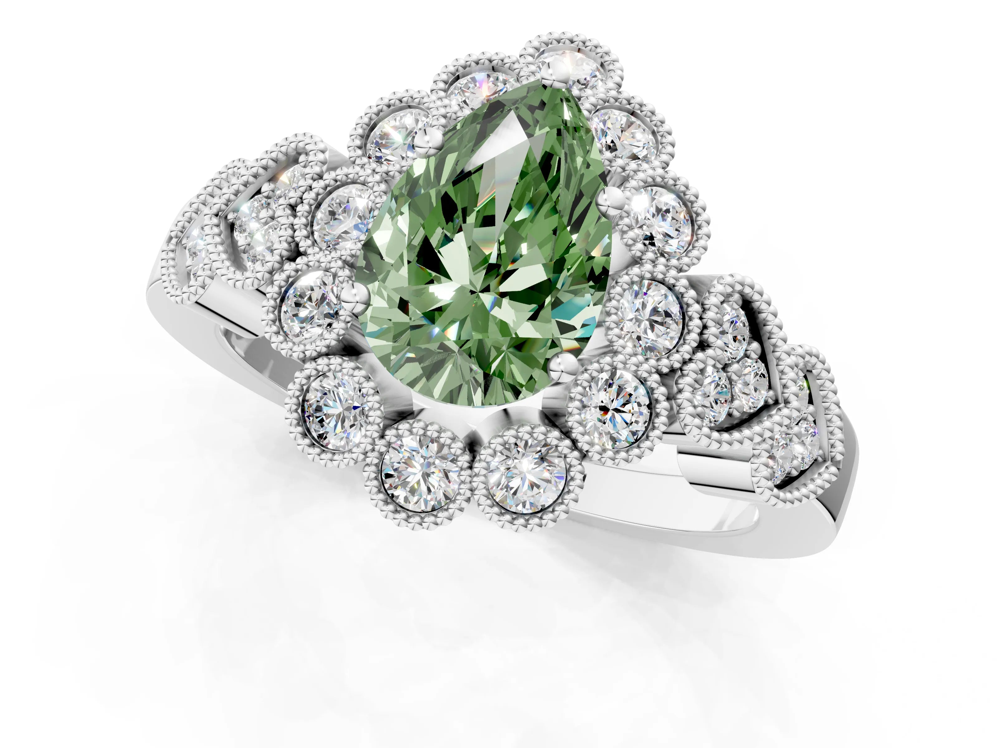 White gold Fancy Green Pear Cut Brilliant Milgrain Pave Heart Band Solitaire Ring_13