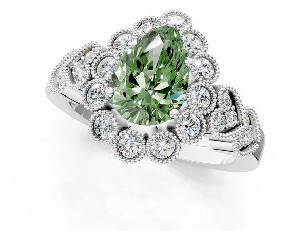 White gold Fancy Green Pear Cut Brilliant Milgrain Pave Heart Band Solitaire Ring