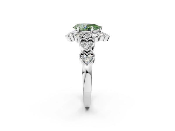 White gold Fancy Green Pear Cut Brilliant Milgrain Pave Heart Band Solitaire Ring