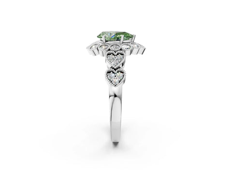 White gold Fancy Green Pear Cut Brilliant Milgrain Pave Heart Band Solitaire Ring_14