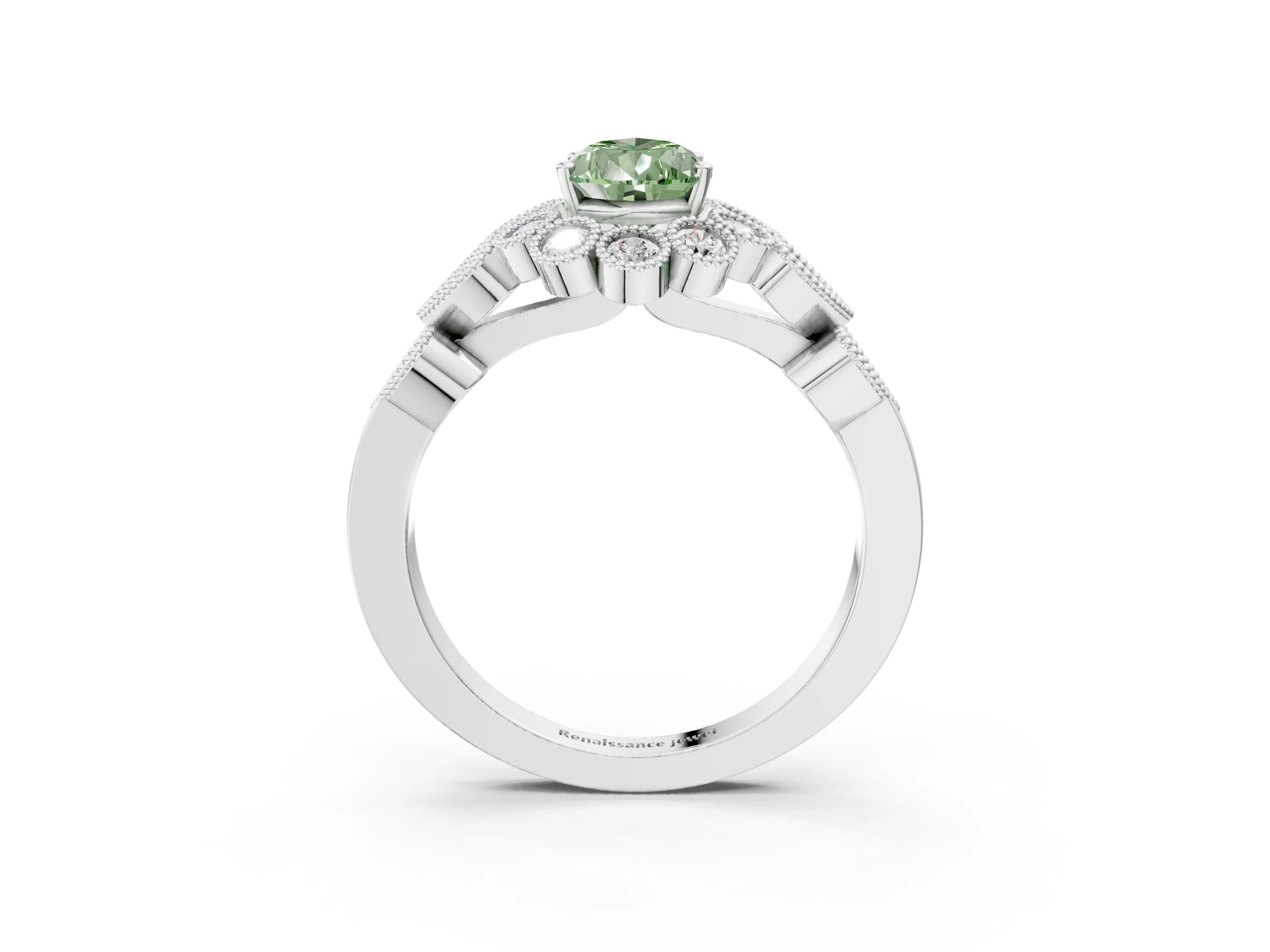 White gold Fancy Green Pear Cut Brilliant Milgrain Pave Heart Band Solitaire Ring_15
