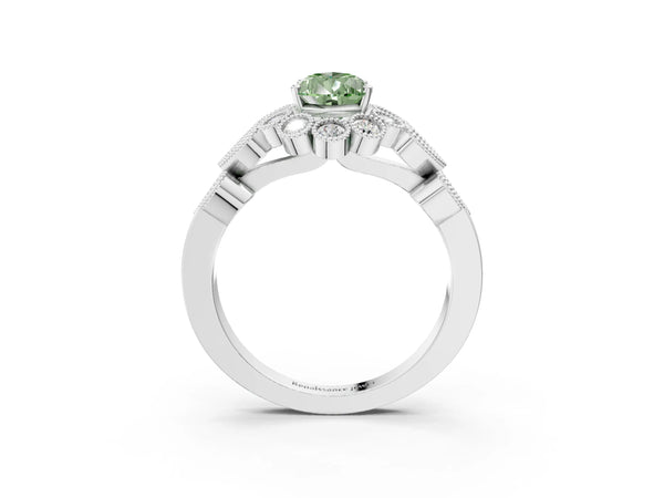 White gold Fancy Green Pear Cut Brilliant Milgrain Pave Heart Band Solitaire Ring
