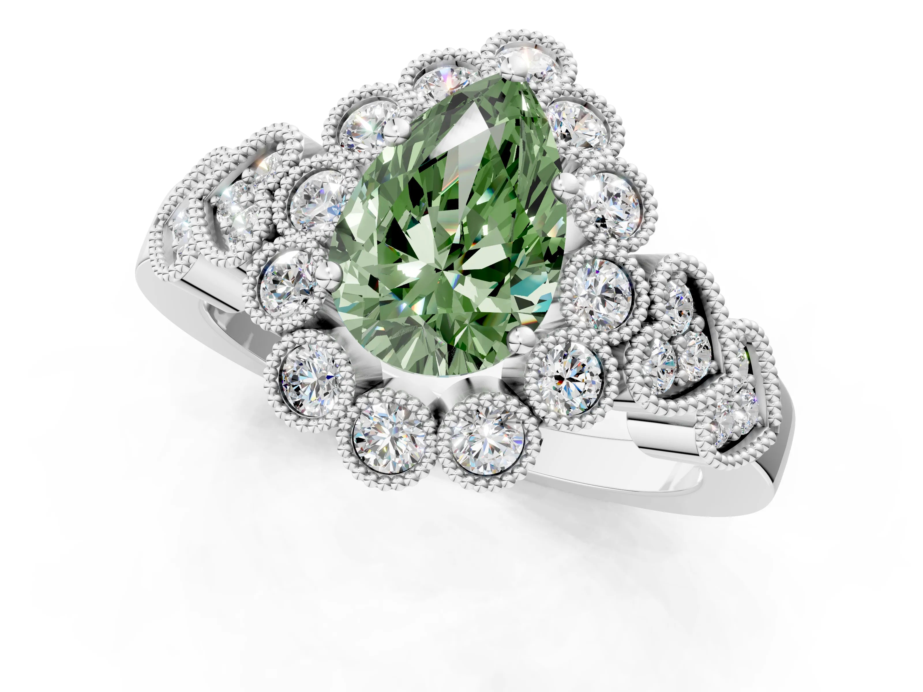 White gold Fancy Green Pear Cut Brilliant Milgrain Pave Heart Band Solitaire Ring_1