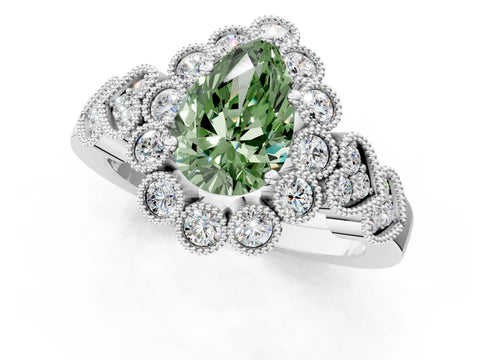 White gold Fancy Green Pear Cut Brilliant Milgrain Pave Heart Band Solitaire Ring_1