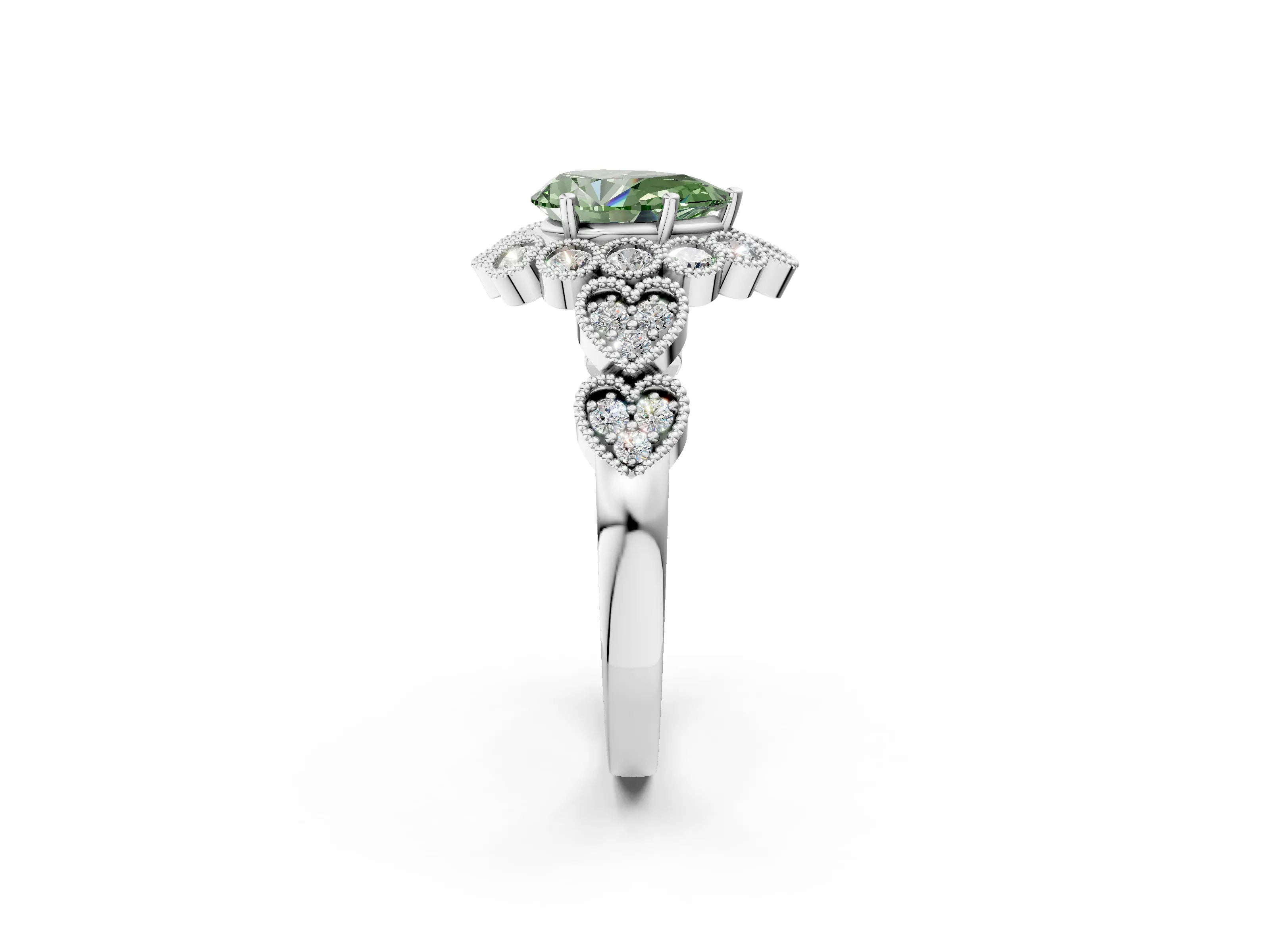 White gold Fancy Green Pear Cut Brilliant Milgrain Pave Heart Band Solitaire Ring_2