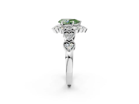 White gold Fancy Green Pear Cut Brilliant Milgrain Pave Heart Band Solitaire Ring_2