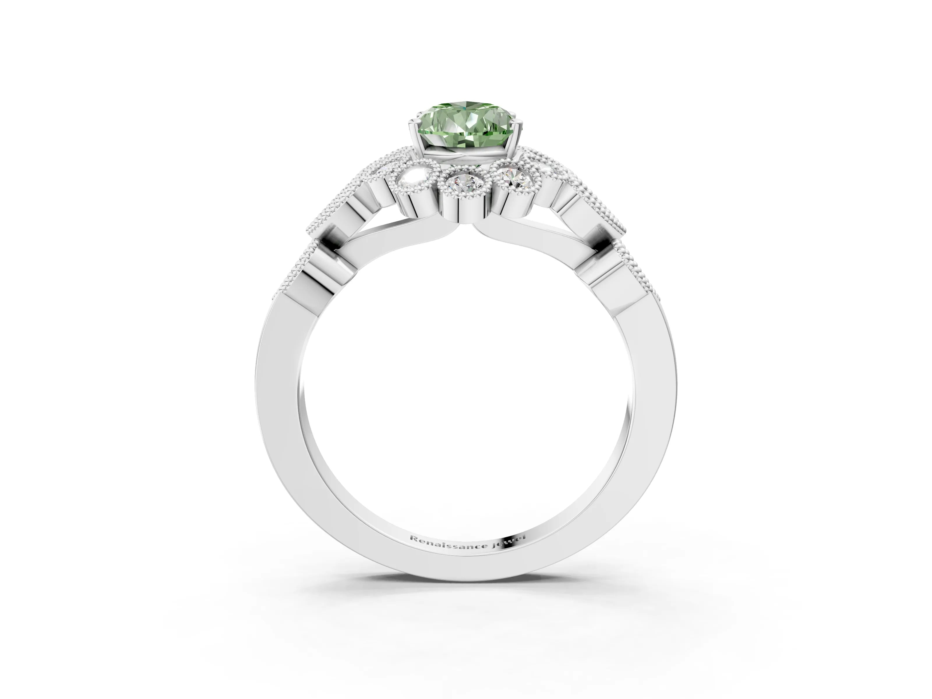 White gold Fancy Green Pear Cut Brilliant Milgrain Pave Heart Band Solitaire Ring_3