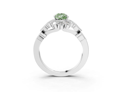 White gold Fancy Green Pear Cut Brilliant Milgrain Pave Heart Band Solitaire Ring_3