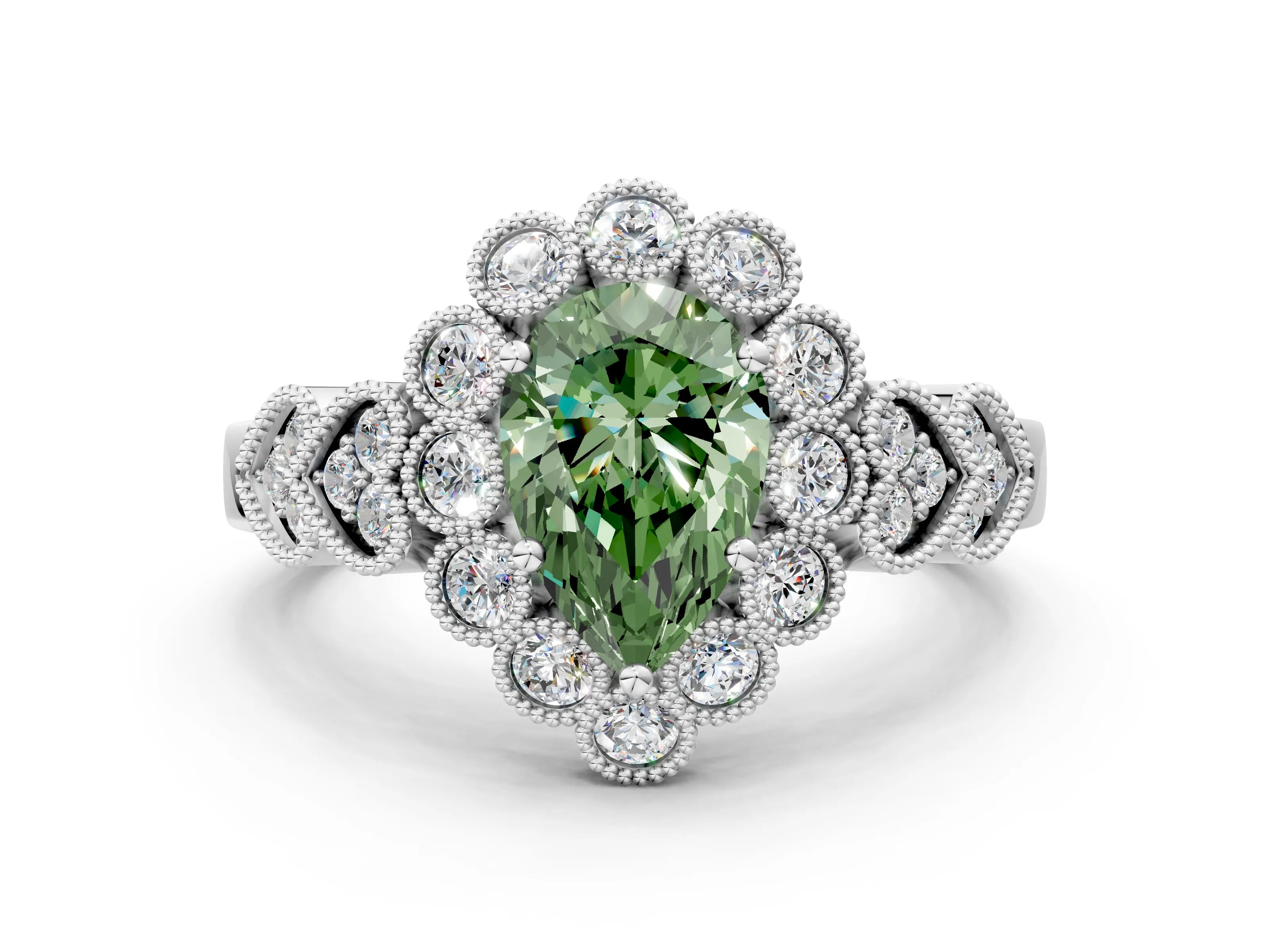 White gold Fancy Green Pear Cut Brilliant Milgrain Pave Heart Band Solitaire Ring
