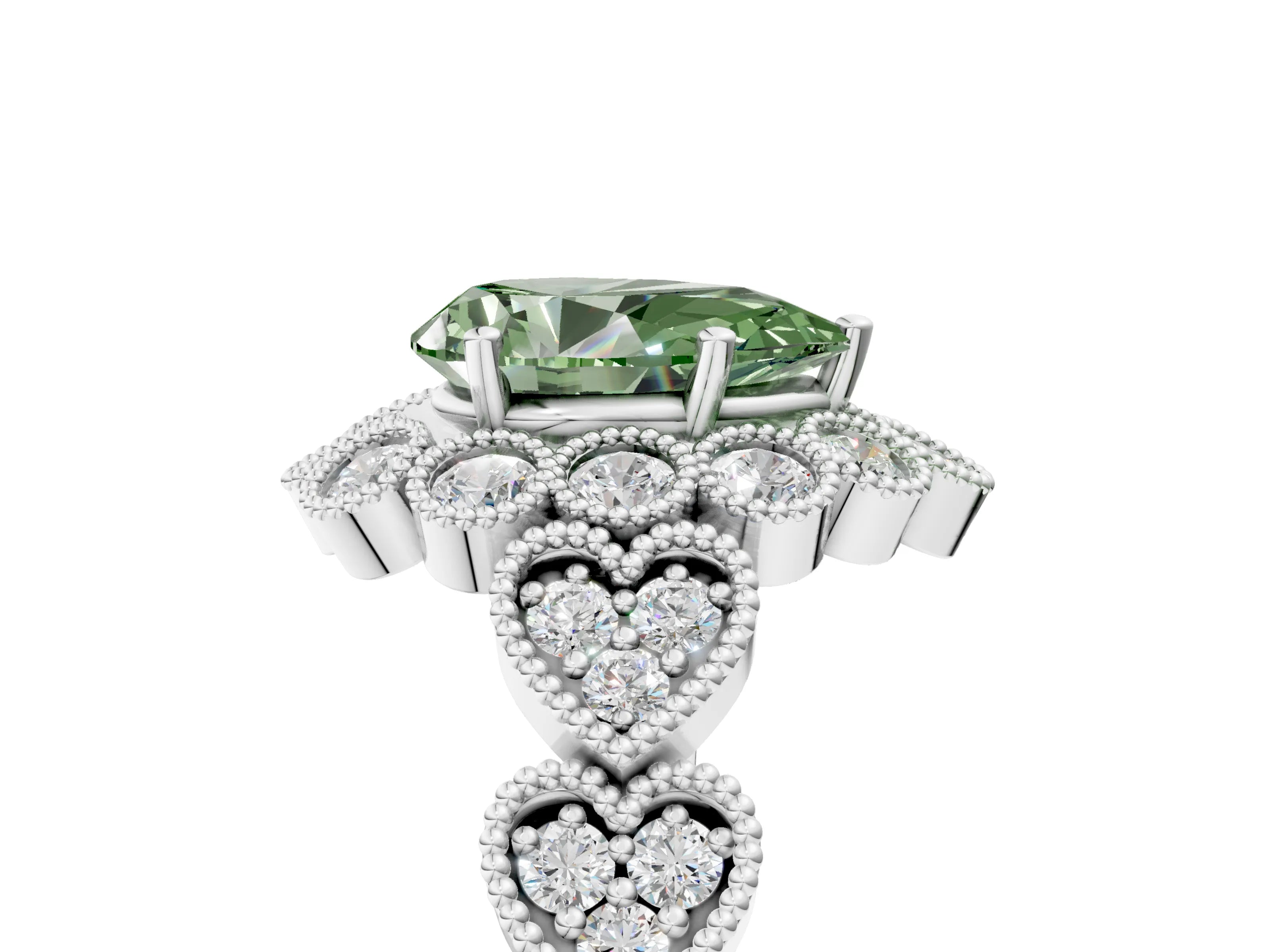 White gold Fancy Green Pear Cut Brilliant Milgrain Pave Heart Band Solitaire Ring_5