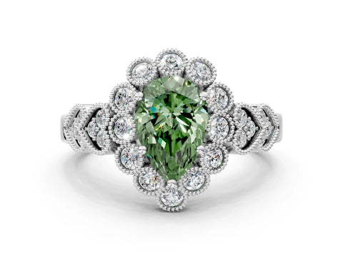 White gold Fancy Green Pear Cut Brilliant Milgrain Pave Heart Band Solitaire Ring