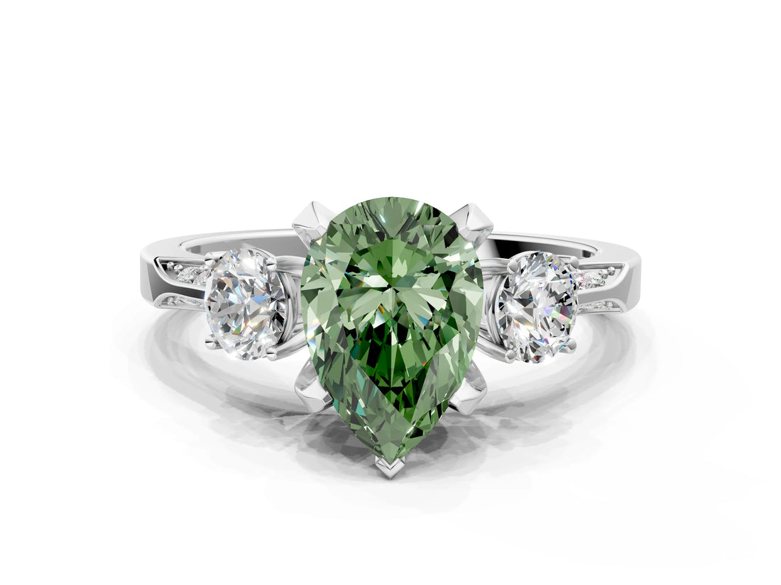 White gold Fancy Green Pear Cut Brilliant Three-Stone Diamond Ring with Pavé Band and Four-Prong Setting_15