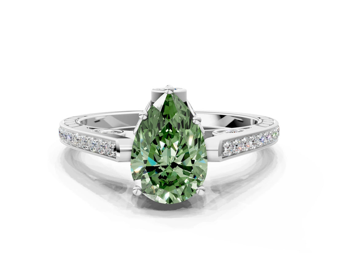White gold Fancy Green Pear  Cut Cathedral Pave Diamond Engagement Ring with Six-Prong Setting_51