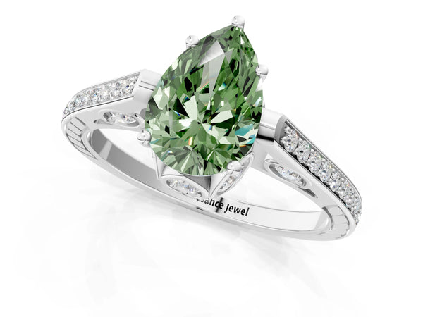 White gold Fancy Green Pear  Cut Cathedral Pave Diamond Engagement Ring with Six-Prong Setting