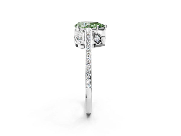 White gold Fancy Green Pear  Cut Cathedral Pave Diamond Engagement Ring with Six-Prong Setting