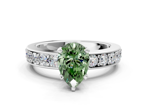 White gold Fancy Green Pear  Cut Channel Set Diamond Engagement Ring with Four-Prong Setting