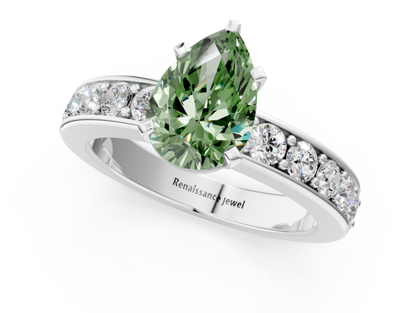 White gold Fancy Green Pear  Cut Channel Set Diamond Engagement Ring with Four-Prong Setting