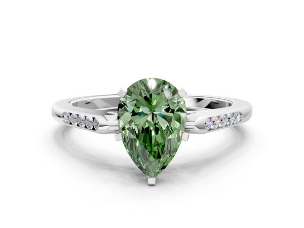 White gold Fancy Green Pear  Cut Channel Set Solitaire Engagement Ring with Four-Prong Setting