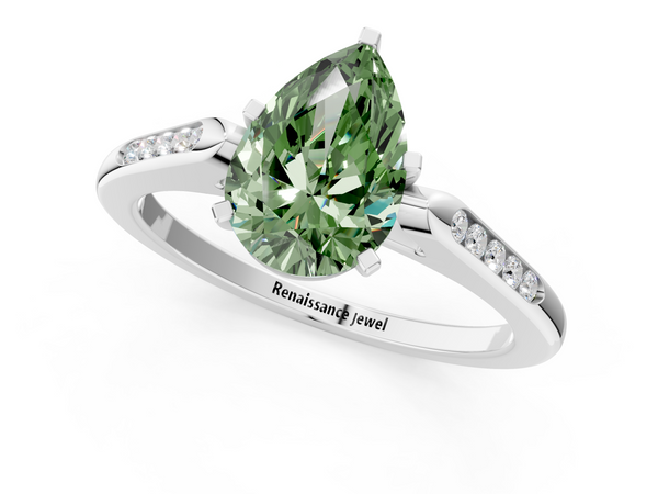 White gold Fancy Green Pear  Cut Channel Set Solitaire Engagement Ring with Four-Prong Setting