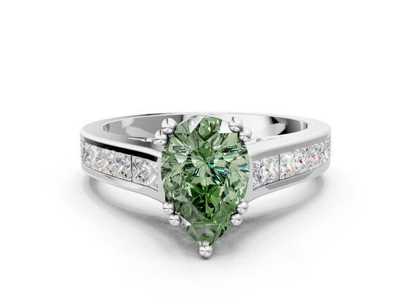 White gold Fancy Green Pear  Cut Channel Set Solitaire Engagement Ring with Prong Setting