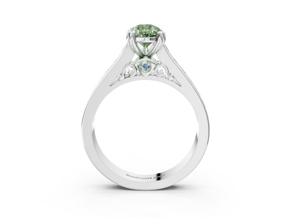 White gold Fancy Green Pear  Cut Channel Set Solitaire Engagement Ring with Prong Setting