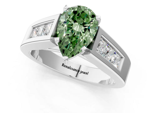 White gold Fancy Green Pear Cut Cut Channel Set Solitaire Ring with Four-Prong Setting_13