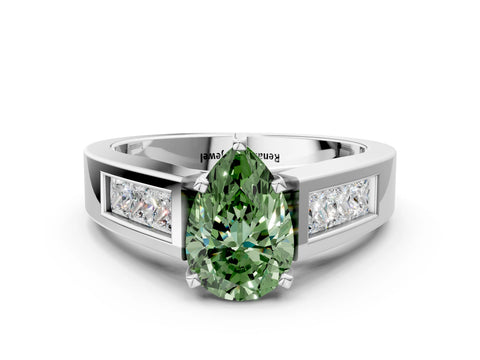 White gold Fancy Green Pear Cut Cut Channel Set Solitaire Ring with Four-Prong Setting
