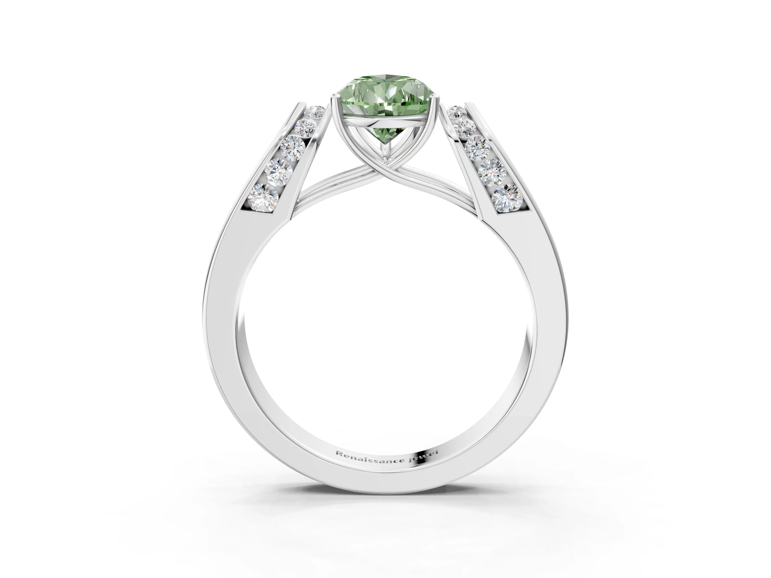White gold Fancy Green Pear Cut Cut Diamond Channel Set Solitaire Ring with Four-Prong Setting_3
