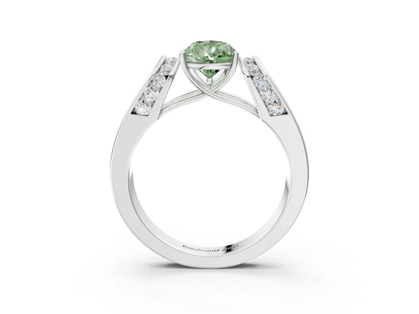 White gold Fancy Green Pear Cut Cut Diamond Channel Set Solitaire Ring with Four-Prong Setting