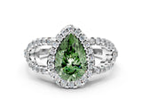 White gold Fancy Green Pear Cut Cut Diamond Halo Engagement Ring with Open Split Pavé Band