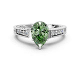 White gold Fancy Green Pear Cut Cut Diamond Milgrain Pave Band Four-Prong Setting Ring_3