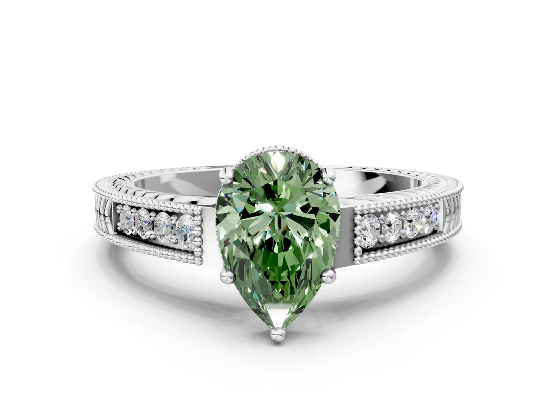 White gold Fancy Green Pear Cut Cut Diamond Milgrain Pave Band Four-Prong Setting Ring_3