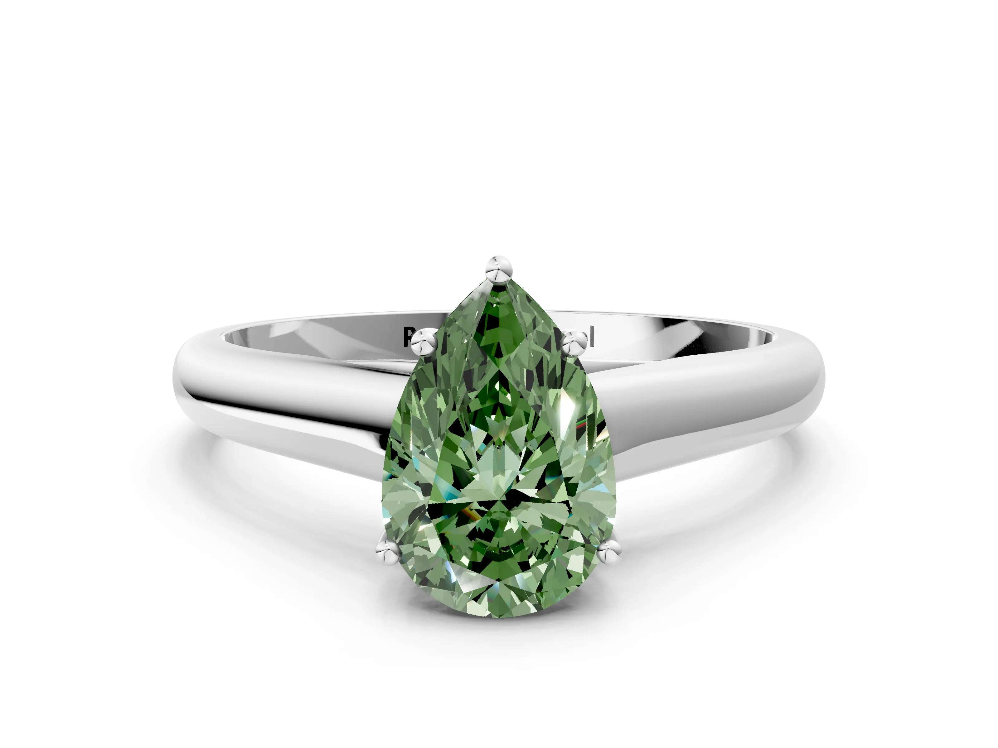 White gold Fancy Green Pear Cut Cut Diamond Solitaire Engagement Ring with Tapered Plain Band and Four-Prong Setting_12