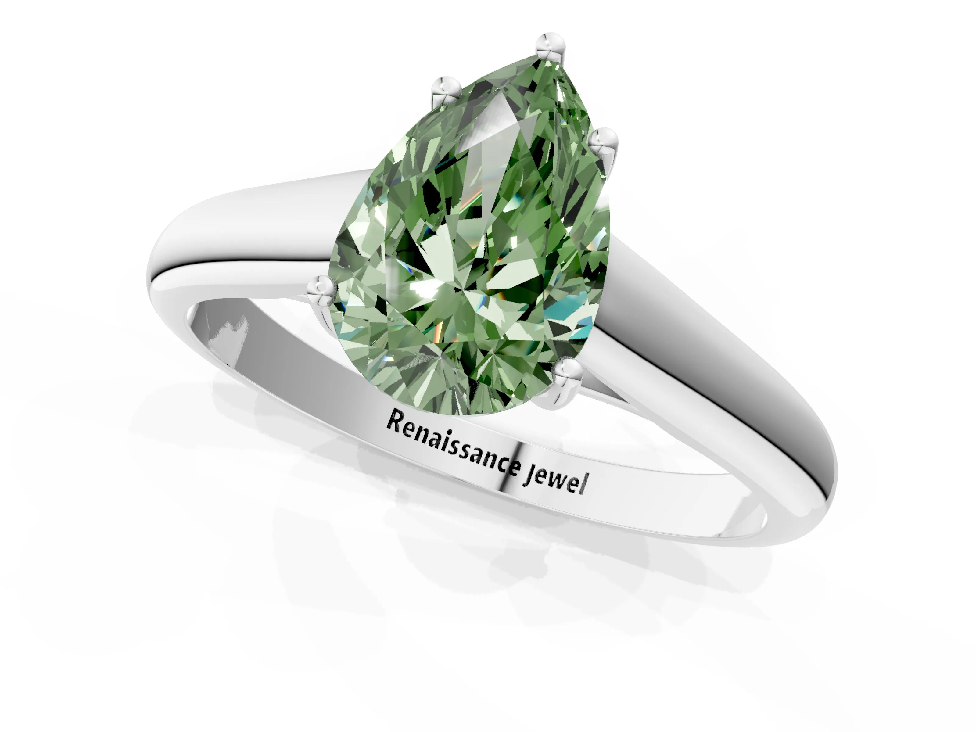 White gold Fancy Green Pear Cut Cut Diamond Solitaire Engagement Ring with Tapered Plain Band and Four-Prong Setting_1