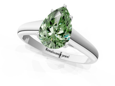 White gold Fancy Green Pear Cut Cut Diamond Solitaire Engagement Ring with Tapered Plain Band and Four-Prong Setting_1