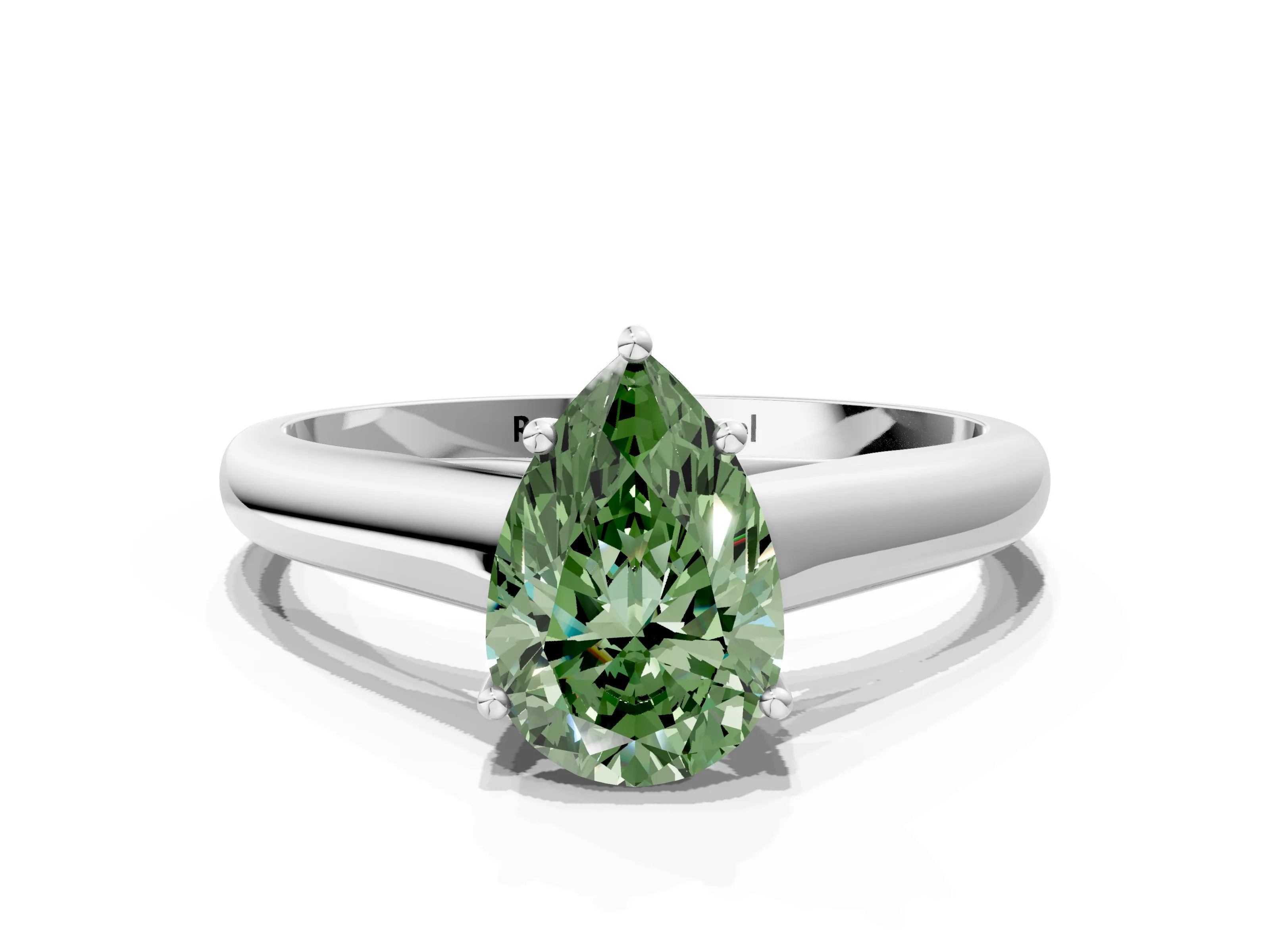 White gold Fancy Green Pear Cut Cut Diamond Solitaire Engagement Ring with Tapered Plain Band and Four-Prong Setting