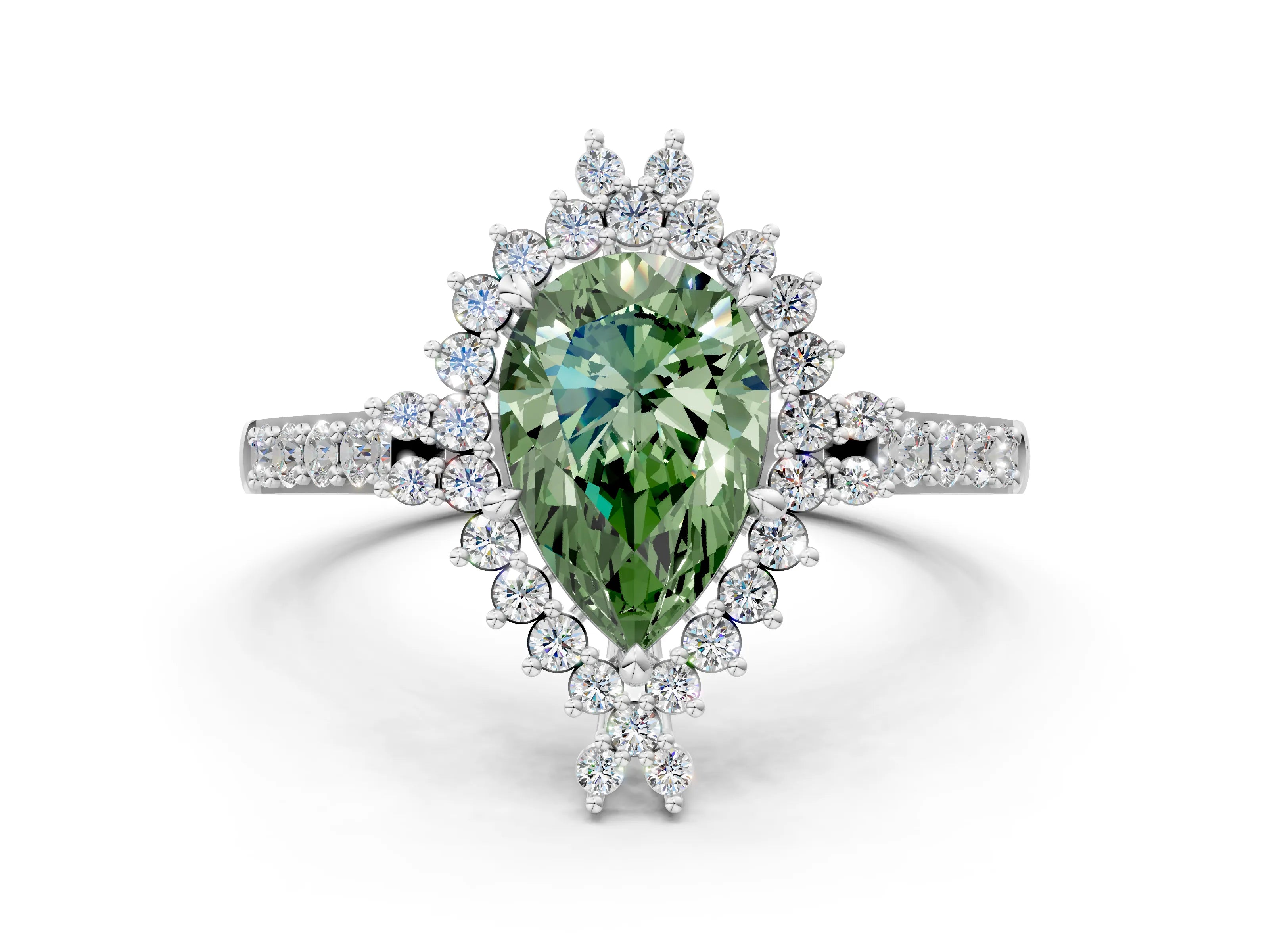 White gold Fancy Green Pear Cut Cut Diamond Sunburst Halo Engagement Ring with Pavé Band