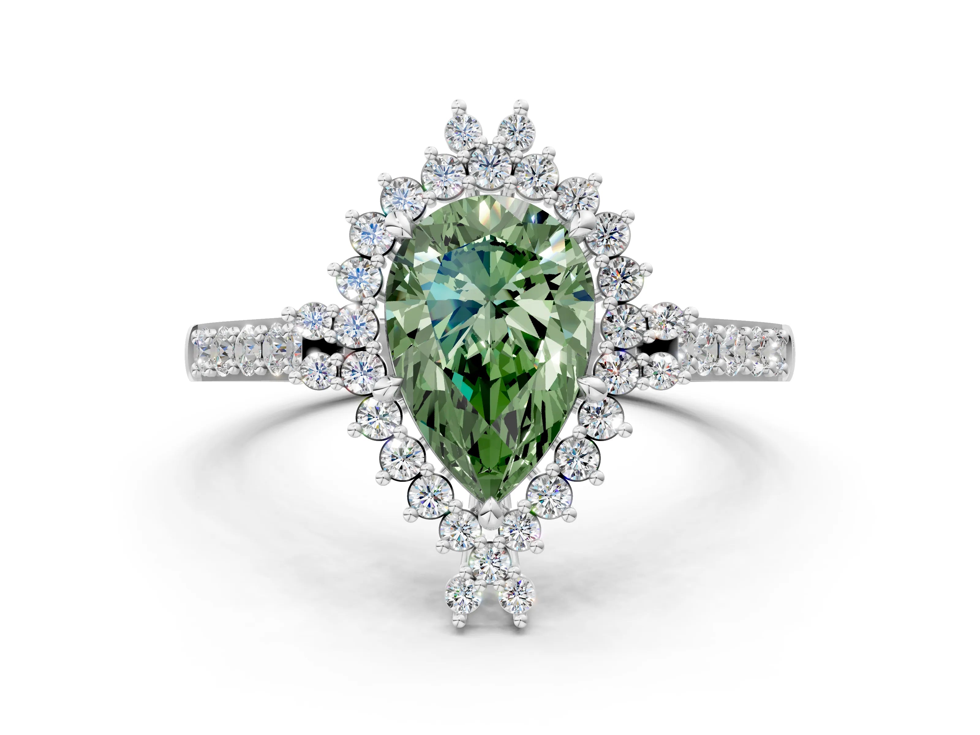 White gold Fancy Green Pear Cut Cut Diamond Sunburst Halo Engagement Ring with Pavé Band_12