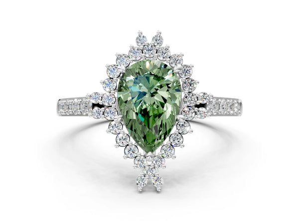 Silver Fancy Green Pear Cut Diamond Sunburst Halo Engagement Ring with Pavé Band