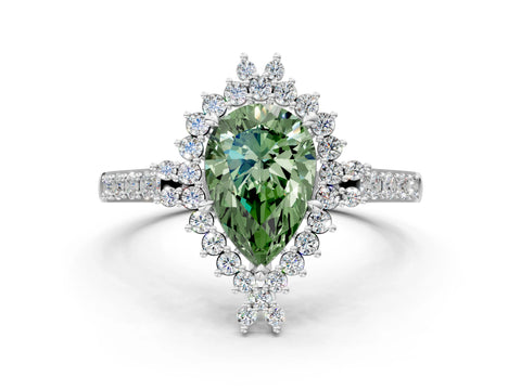 White gold Fancy Green Pear Cut Cut Diamond Sunburst Halo Engagement Ring with Pavé Band_12