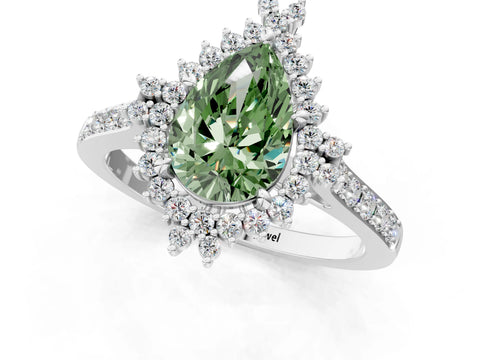 White gold Fancy Green Pear Cut Cut Diamond Sunburst Halo Engagement Ring with Pavé Band_13