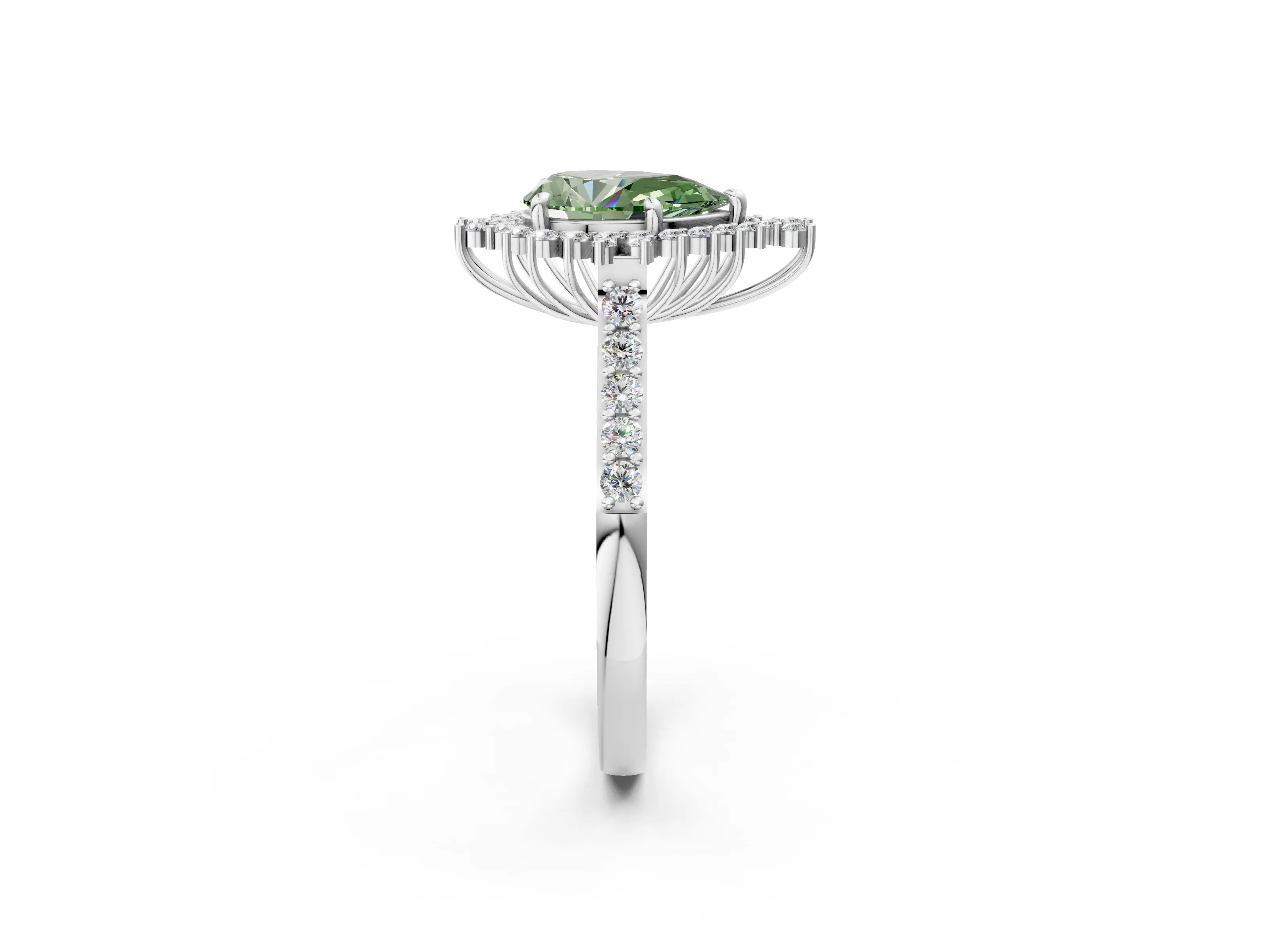 White gold Fancy Green Pear Cut Cut Diamond Sunburst Halo Engagement Ring with Pavé Band_14