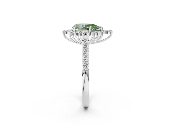 Silver Fancy Green Pear Cut Diamond Sunburst Halo Engagement Ring with Pavé Band